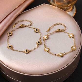 1pc Titanium Steel Sunflower Bracelet - 18k Gold Stainless Steel Black & White Stone Flower Pendant Bracelet - Symbol Of Sunshine And Positivity - Adjustable Women's Bracelet - Ideal Daily Wear Gift