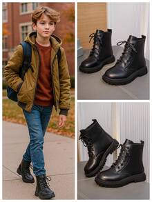 1 Pair Beige Kids' Boots, Fashion Classic Basic Versatile Solid Color PU Leather Front Lace-Up Design Round Toe Flat Bottom Non-Slip Comfortable Cute Short Shaft Knight Boots, Suitable For 3-12 Years Old Boys And Girls Students Daily Wear, Party, Outdoor, Autumn/Winter New Style - Black - View 2