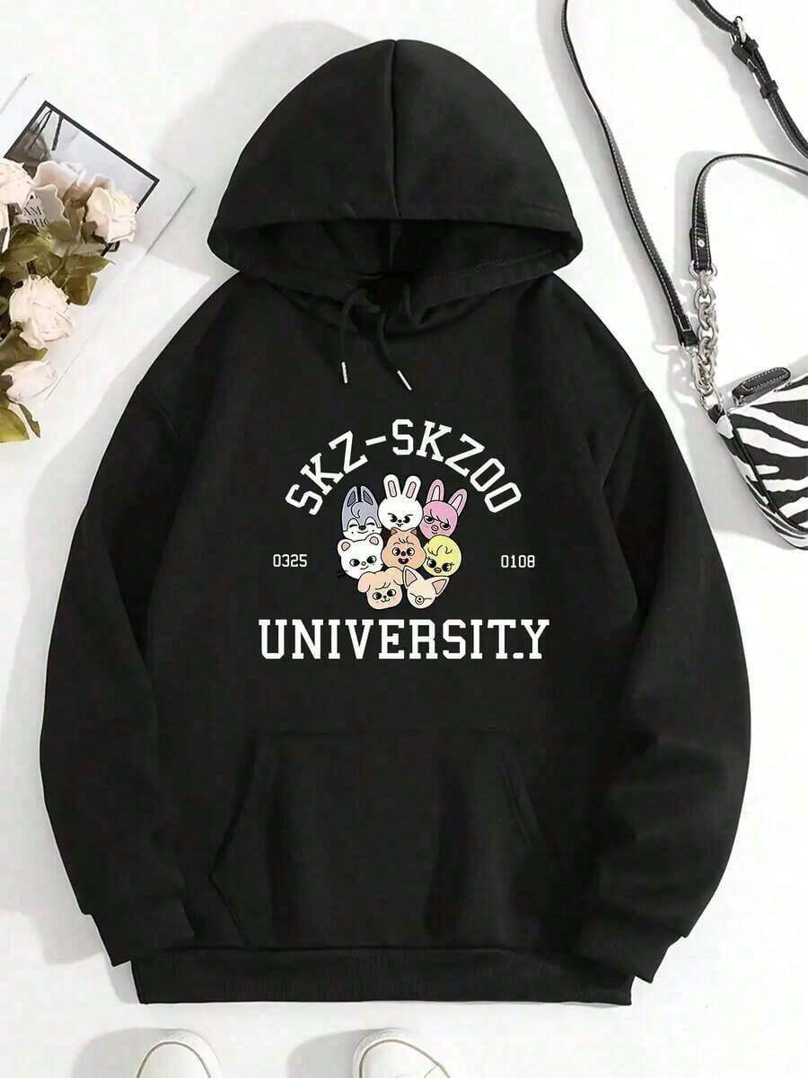 Goodbye 20251 Pcs[Soft Fleece Hoodie] Soft Fleece-Lined Unisex Pink Hoodie With SKZ-SKZOO UNIVERSITY Graphic |       Casual Streetwear For All Seasons, Playful Graphic HoodieSoft And Comfortable Autumn And Winter Women's ClothingLoose And Comfortablechristmas Outfit Women - màu đen - Xem 1