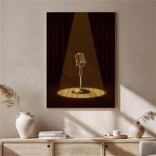 1 Pc Vintage Microphone Canvas Wall Art, Spotlight Stage Music Print, Retro Jazz Singer Artwork, Gift For Musicians Or Recording Studio Decor, Wall Decor, Modern Minimalist Style Posters, Living Room And Room Decoration, Bathroom Decoration, Ideal Gift, No Frame - Multicolor - View 1