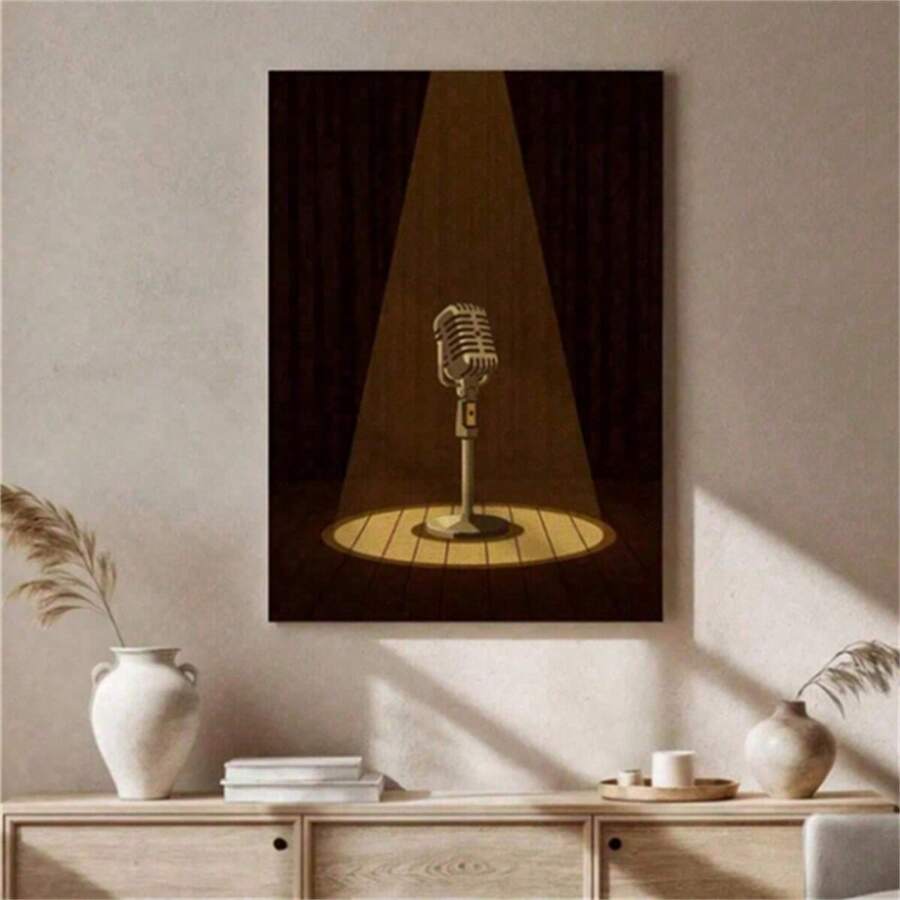 1 Pc Vintage Microphone Canvas Wall Art, Spotlight Stage Music Print, Retro Jazz Singer Artwork, Gift For Musicians Or Recording Studio Decor, Wall Decor, Modern Minimalist Style Posters, Living Room And Room Decoration, Bathroom Decoration, Ideal Gift, No Frame - Multicolor - View 1