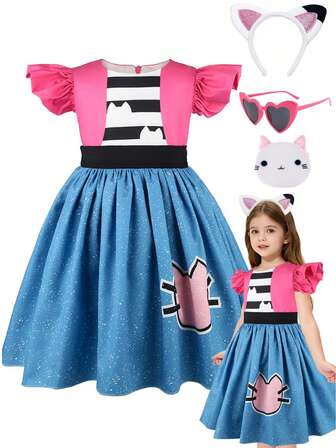 Christmas Carnival Cat Dollhouse Cosplay Costume Birthday Party Evening Outfits Ruffle Sleeve Dresses With Headband Glasses Bag 3pcs