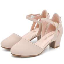 1 Pair Girls Dress Shoes Closed Toe Chunky High Heels Ankle Strap Wedding Party Pump Shoes - Da Nubuck Nude - Xem 6