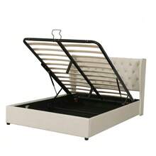 Upholstered, Wingback-Shaped Velvet Bed With Large Buttoned Seams, Double Bed 140 X 200 Cm, Functional Hydraulic Bed With Slatted Base And Storage Space, Underside Of The Bed Covered In A Black, Stain-Resistant Non-Woven Fabric, Grey - Beige - View 9