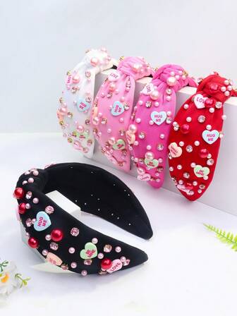 1pc Women's Valentine's Day Pink Crystal & Pearl Candy Color Sweet Heart Cute Elegant Polyester Wide Headband, Hair Band, Hair Hoop Hair Accessories