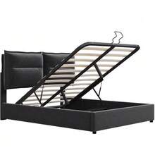 Hydraulic Double Bed With Upholstery, 140x200cm, Adjustable Headboard, Metal Slatted Base, Velvet, Modern Bed Frame With Storage Space, Large Storage Area, Grey (Mattress Not Included) - Black - View 8