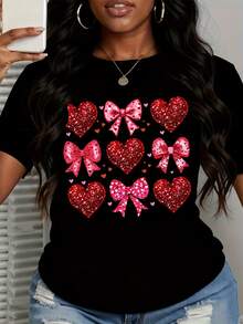 Valentine Hearts And Bows Sequin Print Women's White T-Shirt Cute Romantic Design For Valentine's Day - 黑色 - 查看 2