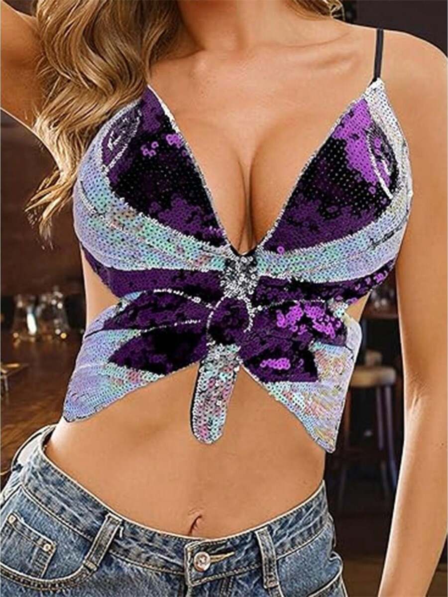 Women's Short Tops With Shiny Sequins Embellished Irregular Butterfly Look Sleeveless Camisole Vest - 紫色 - 查看 1