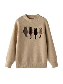Women'S Cozy Cable Sweater With Playful Cat Print - Beige & Brown, Loose Fit, Long Sleeve, Round Neck, Casual Fall/Winter Top, Casual Winter Wear | Playful Cat Design | Construction, Cat Sweater - Màu be - Xem 3