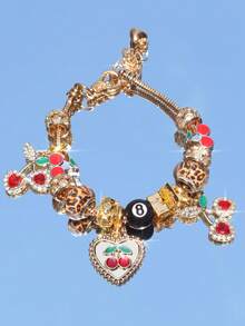 1 件豹纹樱桃串珠手链、1 件黑樱桃 8 毫米串珠手链、时尚豹纹 DIY 手链、1 件红樱桃音乐节手链 - 金色 - 查看 2