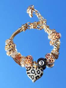 1 件豹纹樱桃 8 号台球串饰手链、1 件豹纹心形手链、1 件豹纹手链、1 件豹纹星星 DIY 手链、复古音乐节时尚手链 - 金色 - 查看 14