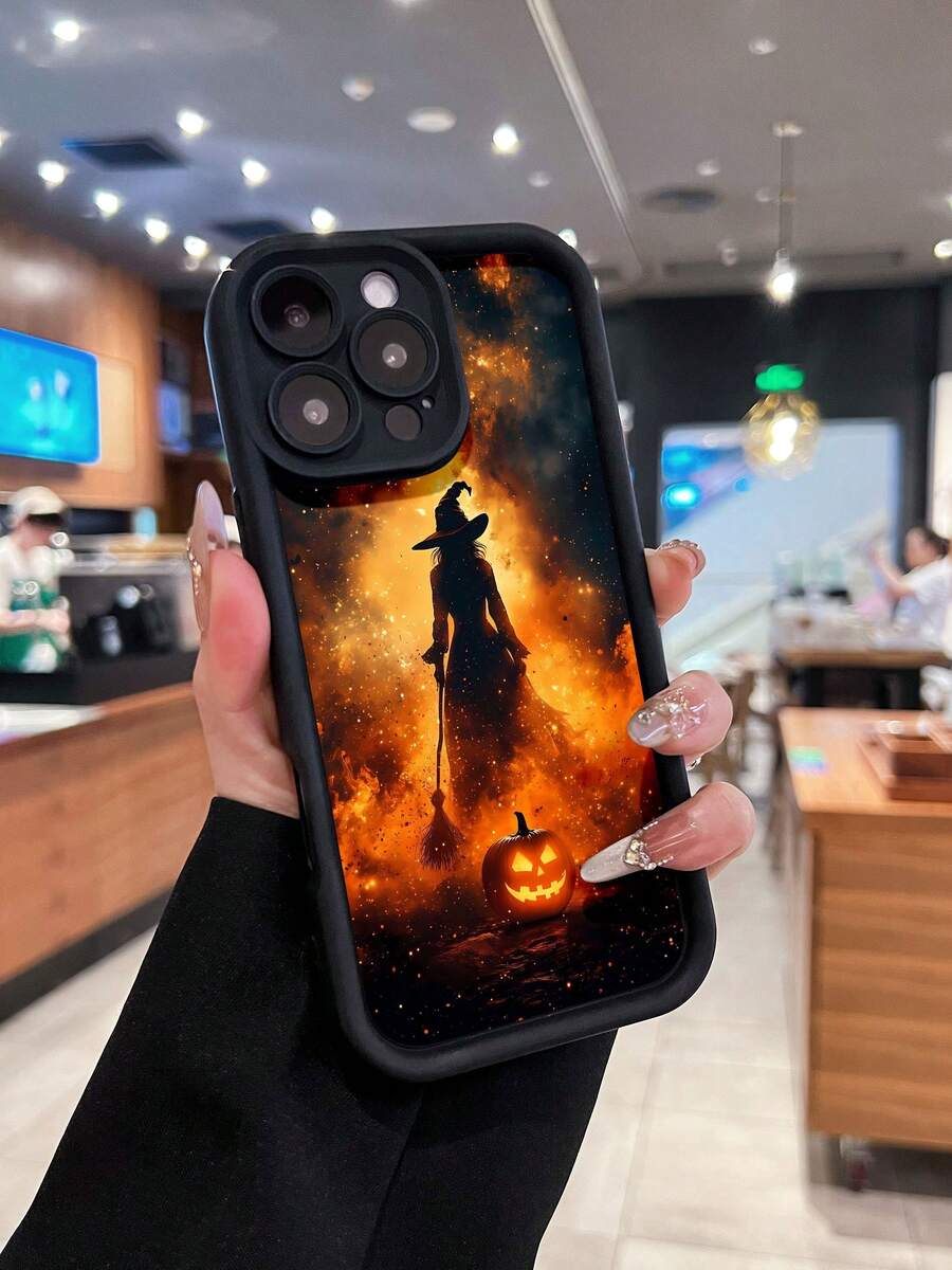 Funda para teléfono con diseño de calabaza brillante de bruja para Halloween. Protege contra golpes y caídas. Diseño artístico con impresión UV de alta calidad a un precio accesible. Compatible con teléfonos ,  17,  16 Pro Max,  15 Pro Max,  13 y  12. Un regalo perfecto para familiares, amigos, seres queridos, parejas y para Halloween. - Negro - Ver 1