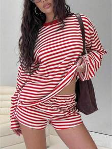 Women's Striped Outfit Set, Long Sleeve Crew Neck T-Shirt And High-Waist Stretch Shorts 2-Piece Cotton Loungewear - 紅色 - 查看 1