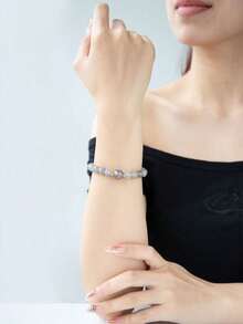[VE] 1pc High-Quality Natural Grey Agate, Faux Pearl & Gourd Bracelet, Grey Agate Stabilizes Emotions, Shell Beads Have A Soft Luster, Gourd Symbolizes Blessings & Prosperity, Triple Protection For Body & Mind, Elastic Design Fits Wrist, Agate Bracelet, Lucky Everyday Wear, Natural Gemstone Color Varies - Grey - View 2