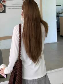 白色女士T恤，简约圆领上衣，秋季休闲春季新品 - 白色 - 查看 4