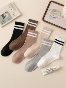 6 Pairs Stripe Design Mid-Calf Socks,Business Casual,With Elastic Band, Soft And Comfortable, Suitable For Daily Wear