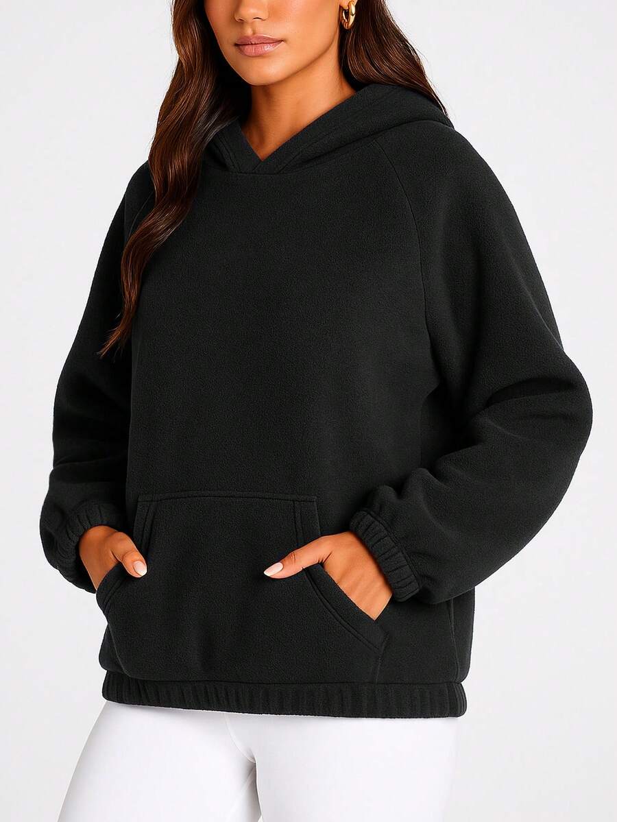 Women's Oversized Hooded Fleece Sweatshirt, Fashionable Pullover Sweater For Autumn & Winter - Black - View 1