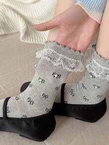 1双洛丽塔风格女士蕾丝边中筒袜，百搭公主/少女串珠荷叶边袜 - 彩色 - 查看 10