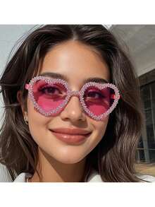 1pc Heart-Shaped Rhinestone Glasses, Suitable For Daily Use, Festivals, Parties, Valentines, Fashion Decorative Glasses - Multicolor - View 4
