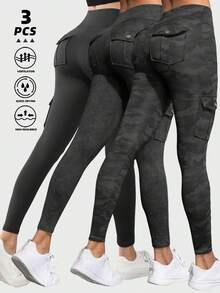 3pcs Women's Outdoor Cargo Pockets Skinny Pants, Washed & Camouflage Print High Waist Tight Leggings For Sports, Casual, Fitness