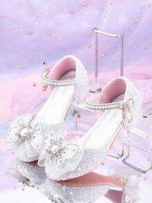 Zapatos de tacón alto con cristales azules para niñas, nuevas sandalias infantiles, zapatos con decoración de lazo de encaje hueco y medio cerrado, zapatos de fiesta de princesa con brillo y chispa - Diseño de hebilla con brillo de colores, tacón pequeño cómodo para niñas - Plateado - Ver 11