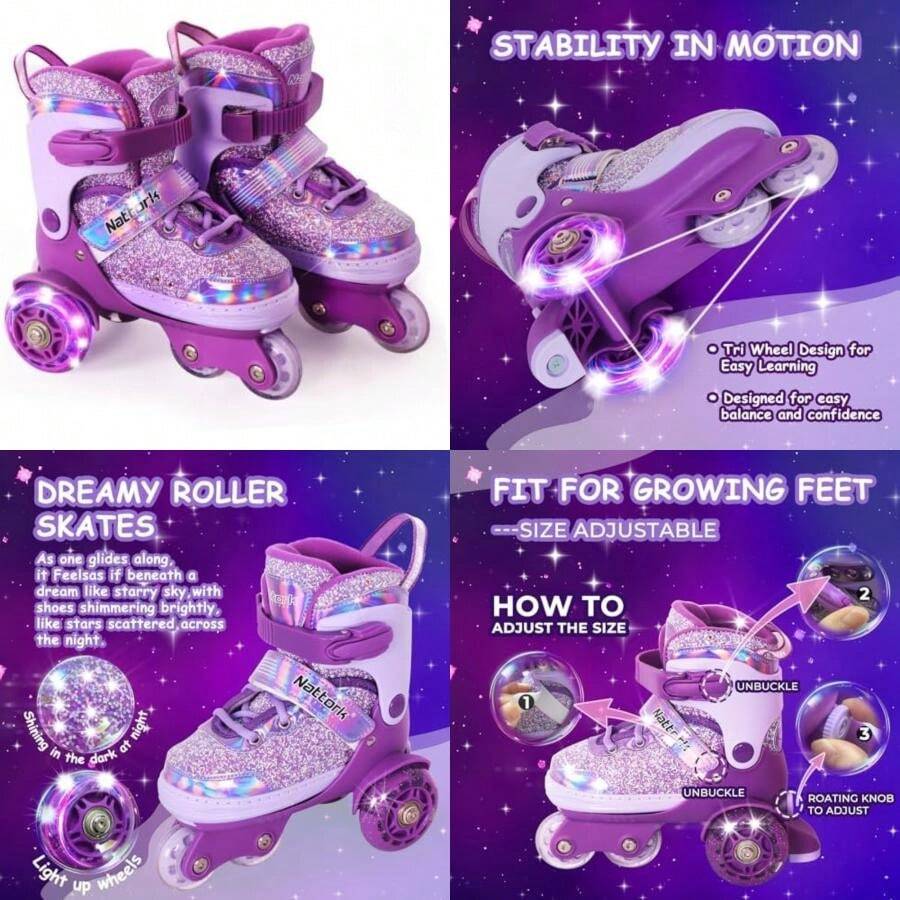 Nattork - Patines de ruedas para niños pequeños, 4 tamaños ajustables de tres ruedas para niñas de 3 a 7 años con divertidas ruedas iluminadas y protección de , regalo de cumpleaños para(Sueño púrpura X-Small(7C-9C)) - Multicolor - Ver 1
