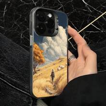 Cubierta de telefono con borde transparente color blanco con estampado paisaje otoñal pasto dorado arbol y persona caminando con sombrero ideal para uso diario en cafeterias y espacios exteriores - Plateado - Ver 4