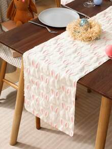 1pc Easter Decorative Table Runner, Pink Rabbit Plush Table Runner, Minimalist Rectangular Dining Table Runner, Tea Table Runner, Suitable For Easter Decoration, Party, Family Dinner, Home Decor - White - View 2