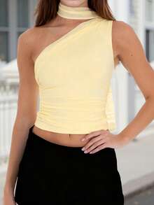 Women's Halter Tank Tops With Scarf Stylish Solid Color Casual Slim Fit Vest For Summer And Spring - 淺黃色 - 查看 5