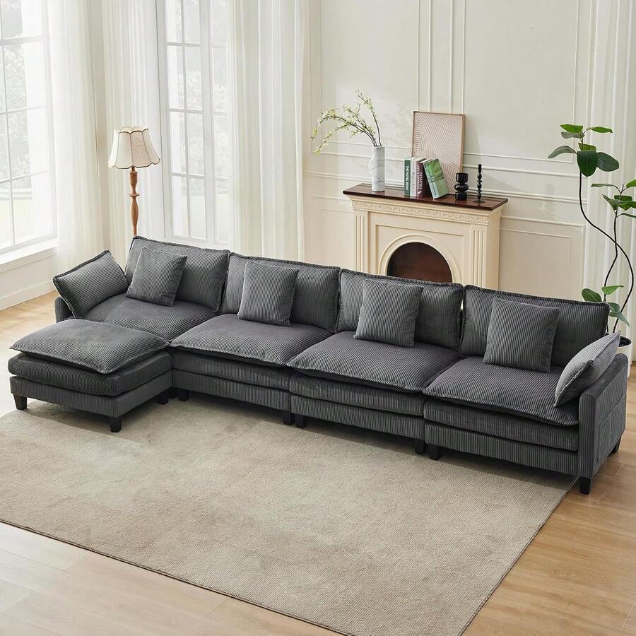 3-Seater Modular Sectional Sofa With 2 Ottomans, Corduroy Deep Seat Couch, Double Layer Cushion, Plush Backrest & Armrest Pillow, Cozy Cloud Couch For Living Room Apartment  146.5" L Modular Sectional Sofa With Ottoman, Corduroy Cloud Couch U-Shaped, Deep Seat Comfy Couch For Living Room, Movable Ottoman & Pillows  112 In U Modular Sectional Sofa, Corduroy Cloud Couch With Movable Ottoman & Throw Pillows, Modern L/U-Shaped Sofa, Comfy Deep Seat Couch For Living Rooms, Offices, Bedroom And Apartment - 灰色-146.5"-L Shape 4 Seats - 查看 1