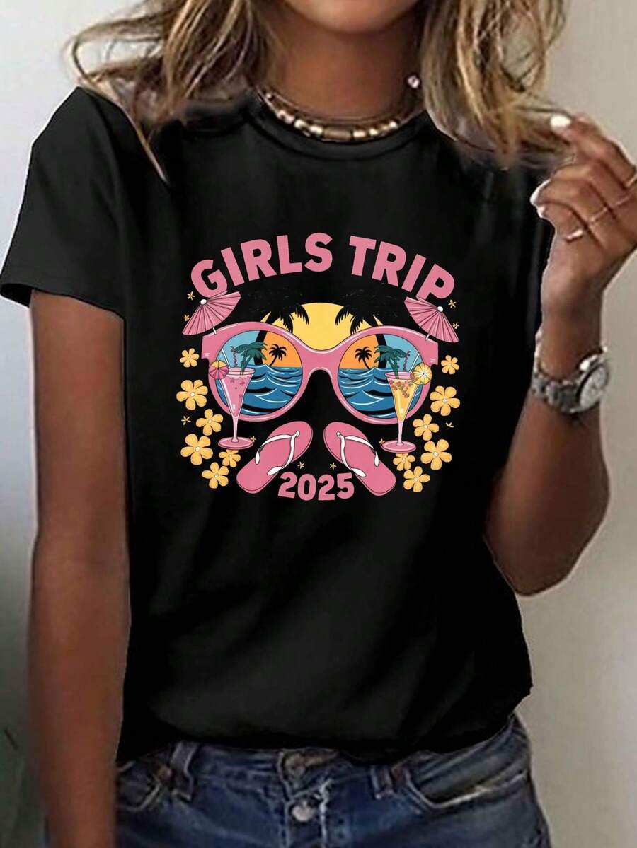 Camiseta Gráfica De Mujer 2025 - Estampado Tropical Rosa Con Palmeras Y Cócteles, Manga Corta Cuello Redondo Casual, Ropa De Verano Primavera Vacaciones, Ajuste Cómodo Lavable A Máquina, Camiseta Para Viajes - Oscuro - Ver 1