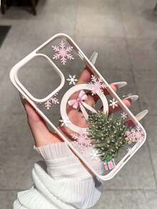 Funda de Teléfono de Navidad Rosa/Blanca con Patrón de Copo de Nieve y Árbol de Navidad, Funda de Teléfono con Anillo Magnético para Samsung A15/35/54/55 y Serie S, Apple 17, 16 Pro Max, 14/13, 12, 11 Pro Max, XS Max, X, XR, 8, 7, Plus, Adecuada como Regalo de Cumpleaños para Novia, Novio o Uso Personal - Rosa - Ver 2