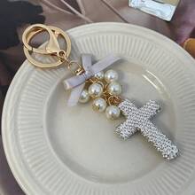 Women's Luxury Bow Keychain, Decorated With Rhinestones, Pearls And Cross Pendant, Ceramic Material, Exquisite Gift Accessory For Wallets, Handbags, Car Keys, Etc. - Multicolor - View 7