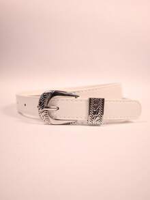 Cinto Feminino 2.3CM com Fivela Prateada Gravada Estilo Retro e Elegante - Branco - Visão 1