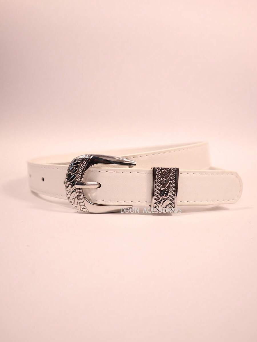 Cinto Feminino 2.3CM com Fivela Prateada Gravada Estilo Retro e Elegante - Branco - Visão 1