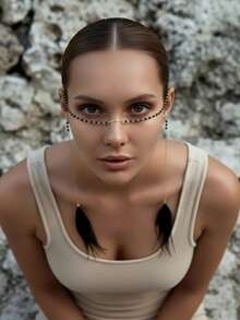 1pc Boho Gold Black Beaded Face Chain Jewelry With Black Tassel Feather Festival Party Nose Chain Face Jewelry Halloween Gifts - Multicolor - View 3