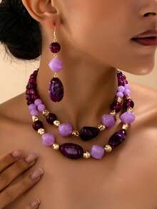 3pcs/Set Fashionable High-End Asymmetrical Geometric Acrylic Beads Chain Necklace & Earrings Set, Suitable For Women's Daily And Party Outfits - Purple - View 7