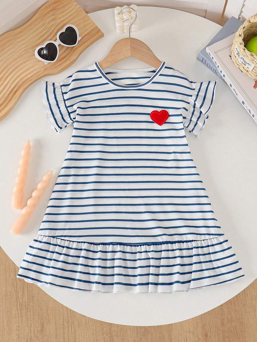 Đầm casual kẻ sọc xếp ly thêu trái tim cổ bẻ cho bé gái nhân dịp Lễ Tình nhân - Màu xanh lam - Xem 1