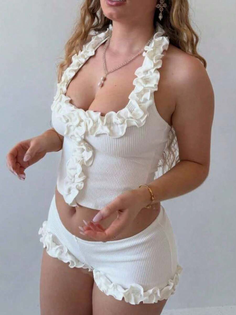 Bộ đồ đi biển màu trắng dành cho nữ, bộ hai mảnh không tay gợi cảm và thoải mái cho mùa hè. - trắng - Xem 1