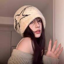 New Autumn And Winter Knitted Wool Pullover Hat With Fleece, Large Head Circumference, Ear Protection, Cold Weather Hat, Rolled Edge Slouchy Beanie - 黑色 - 查看 1