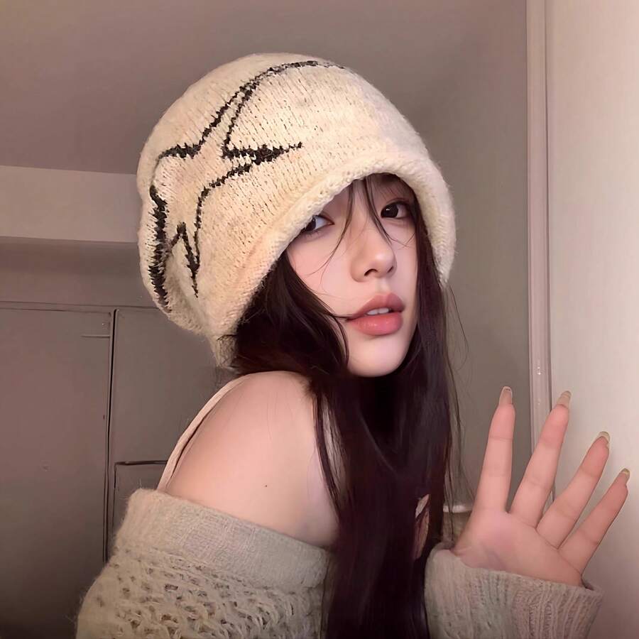 New Autumn And Winter Knitted Wool Pullover Hat With Fleece, Large Head Circumference, Ear Protection, Cold Weather Hat, Rolled Edge Slouchy Beanie - 黑色 - 查看 1