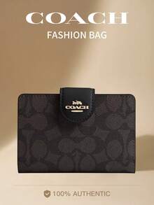 Coach Medium Corner Zip Wallet Leather Bifold Card Holder Wallet Clutch Bag Compact Ladies Purse In Signature Canvas,Snap Closure - Black - View 1