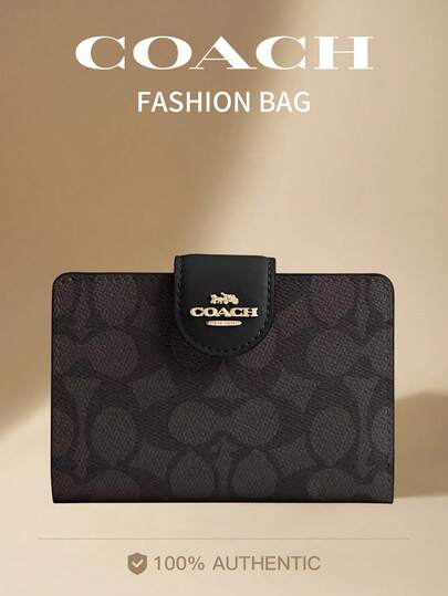 Coach Medium Corner Zip Wallet Leather Bifold Card Holder Wallet Clutch Bag Compact Ladies Purse In Signature Canvas,Snap Closure
