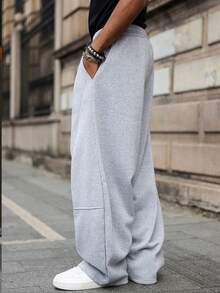 Men's Solid Color Drawstring Waist Pocket Casual Loose Sweatpants, Loose Fit Gray Sports Pants - Light Grey - View 8