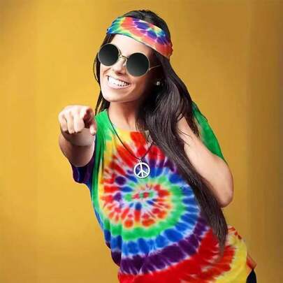 4Pcs Hippie Costume For Men Women, 60s 70s Costume Accessories, Tie Dye Colorful T-Shirt Peace Sign Necklace Headba...