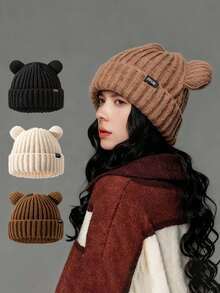 1pc Women's Bear Ear Knit Hat Set - Multiple Colors Available (Black, Beige, Brown), Outdoor Streetwear Style, Cute & Warm - Style 1 - View 1