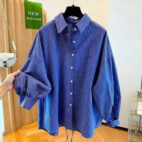 Chemise à manches longues à carreaux bleus pour femmes grande taille