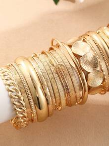 17KM Conjunto de 15/10/8/4 pulseiras estilo moeda vintage simples e elegante, douradas, com fecho aberto, design geométrico e espiral suave. Pulseiras brilhantes para usar em conjunto, perfeitas para o dia a dia, festas, casamentos e como presente de Natal.