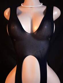 女士性感连体睡衣 - 高腰弹力紧身衣，交叉露背设计，半透明黑色优雅性感装扮，无胸垫，可手洗，适合私密场合、派对、休闲穿着 - 舒适贴身，高弹面料，高支撑力，即买即穿，优雅特别系列，新颖单品 - 黑色 - 查看 4