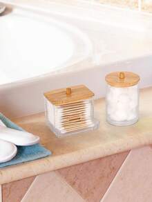 3pcs Cotton Swab Storage Box, Ball Pad Dispenser, Clear Acrylic Holder With Bamboo Lid, Bathroom Cosmetic Organizer Set - Multicolor - View 4
